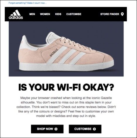 Exemplu de e-mail pentru coșul abandonat adidas