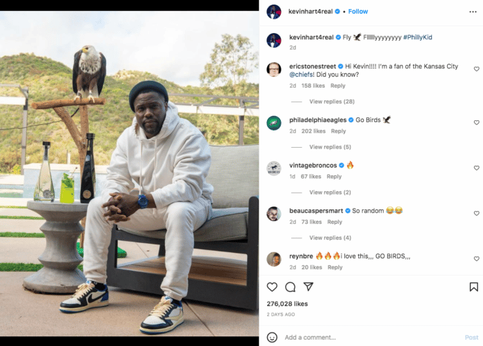 Foto de Kevin Hart con águila calva posando