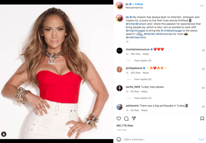 Foto de Instagram de la asociación Jennifer Lopez Virgin Voyages