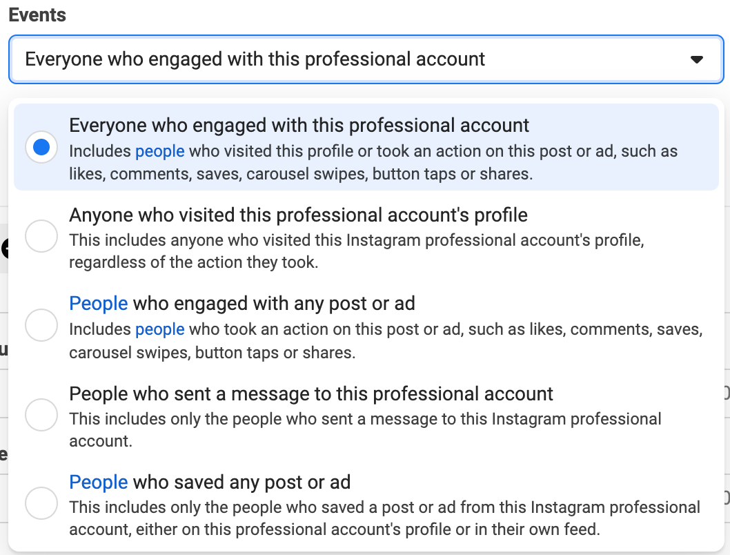 Instagram 계정 잠재고객을 위한 Facebook 광고 관리자 이벤트 설정 옵션