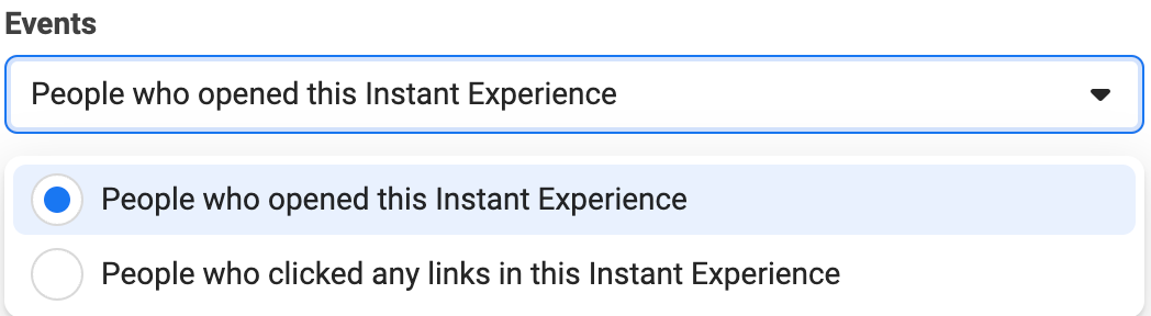Instant Experience 잠재고객을 위한 Facebook 광고 관리자 이벤트 설정
