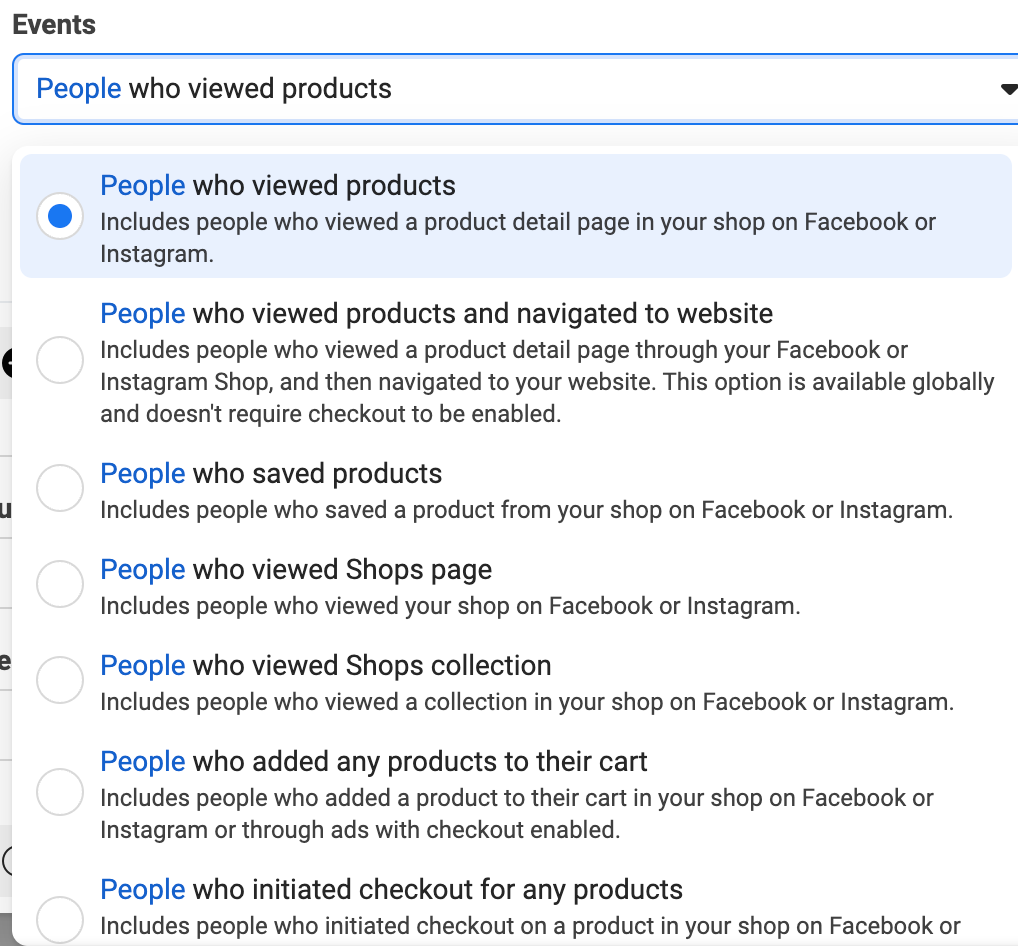 쇼핑 잠재고객을 위해 선택할 수 있는 Facebook 광고 관리자 이벤트