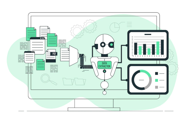 illustrazione del robot di estrazione dei dati per la pubblicità programmatica - monitor tablet che visualizzano grafici a barre e circolari a destra e file a sinistra