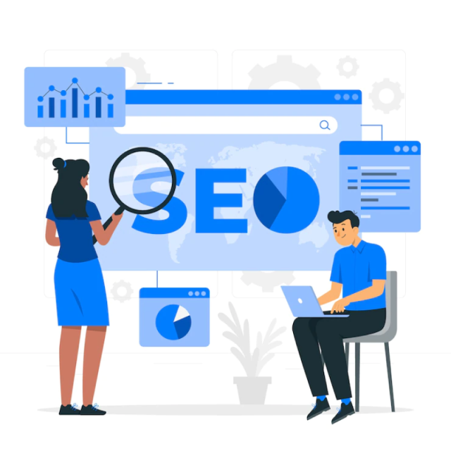 menina realizando análise de backlink com uma lupa em uma página da web, enquanto menino trabalha no laptop utilizando ferramentas de automação de SEO, com ilustrações gráficas adicionais na página da web