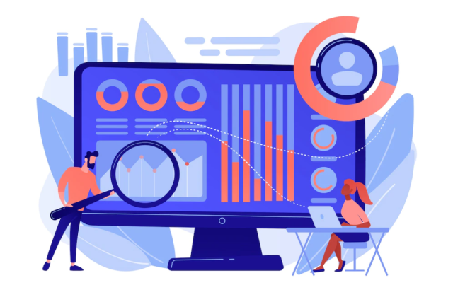 uomo che conduce l'audit del sito con la lente d'ingrandimento, esamina lo schermo del desktop che mostra i grafici mentre la donna esegue l'automazione seo sul suo laptop, monitorando i dati dei concorrenti sullo schermo del desktop