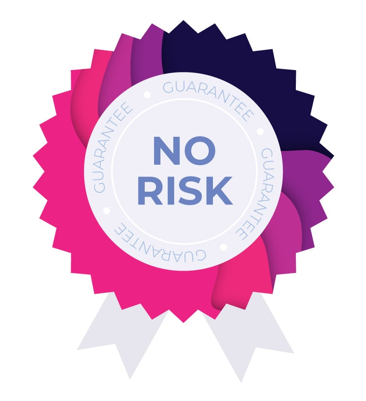 Una insignia que promete una garantía sin riesgo para un cliente. El exterior cambia entre los colores rosa y morado. Esta insignia ayuda a superar la aversión a las pérdidas.