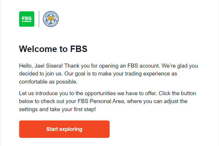 Screenshot di un'e-mail dall'app FBS Trader