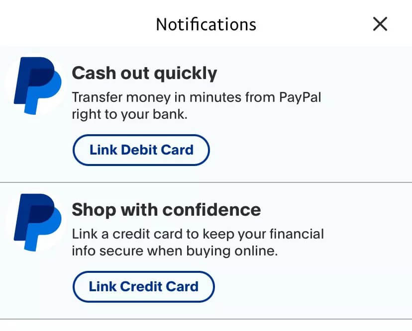 Screenshot delle notifiche in-app di Paypal