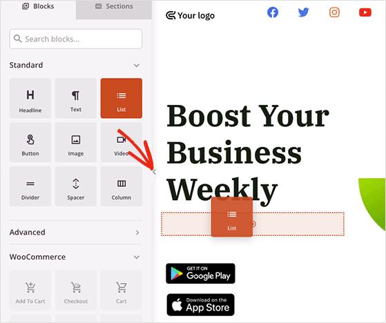 รายการบล็อก - RafflePress Drag and drop blocks onto your landing page