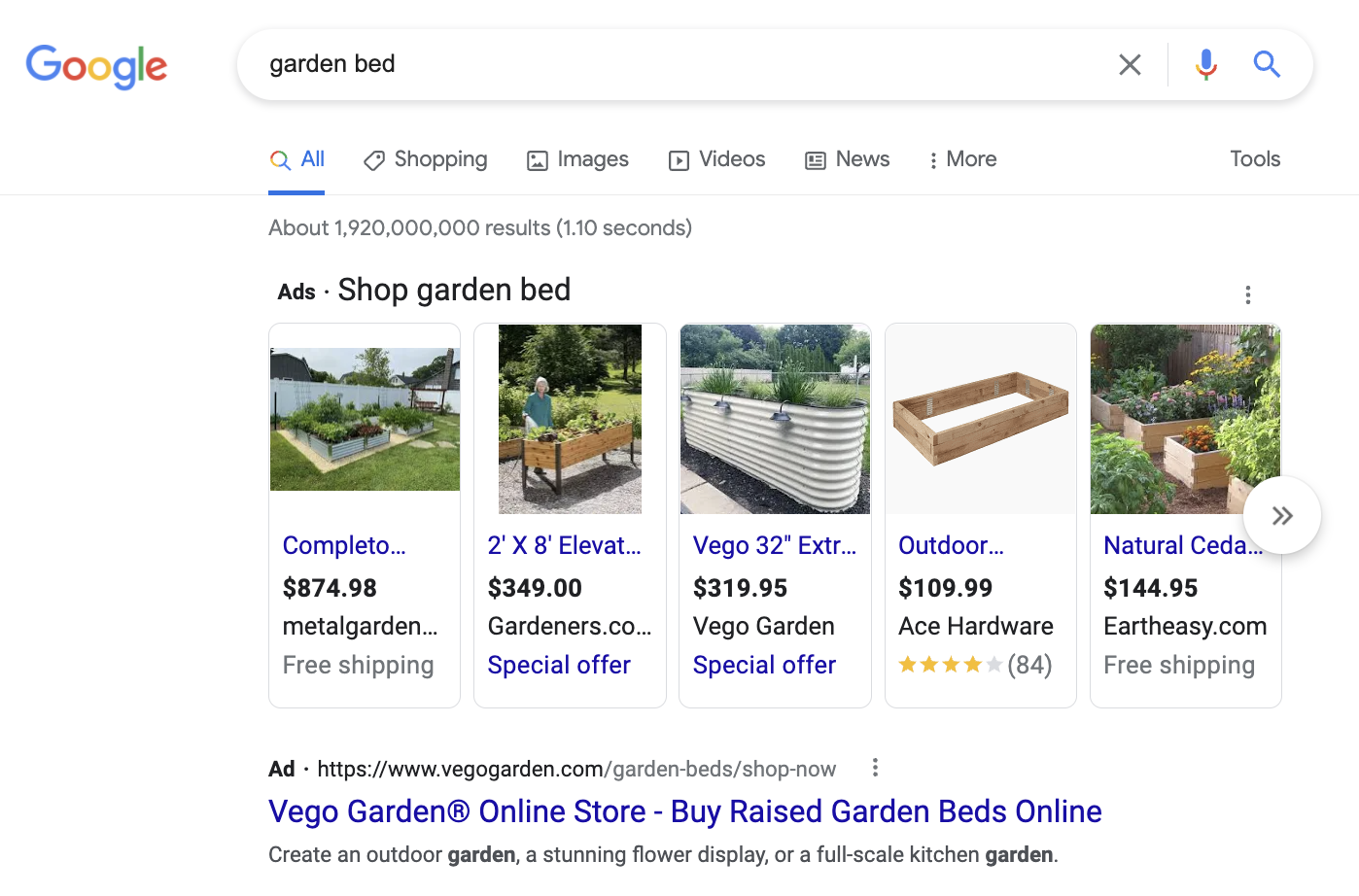 Búsqueda de Google de cama de jardín