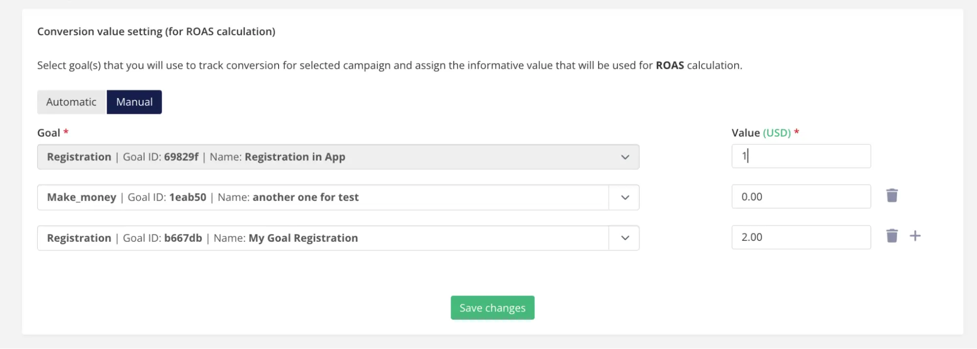 réglage de la valeur de conversion pour le calcul du roas