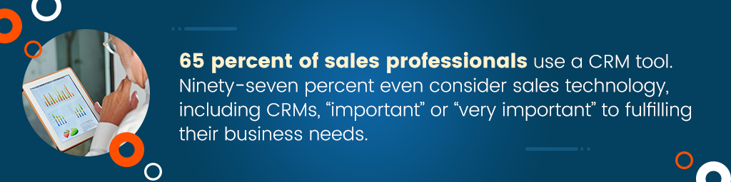 Cuadro de llamada azul que dice: "El 65 % de los profesionales de ventas utilizan una herramienta de CRM y el 97 % considera que la tecnología de ventas, incluidos los CRM, es "importante" o "muy importante" para satisfacer sus necesidades comerciales".