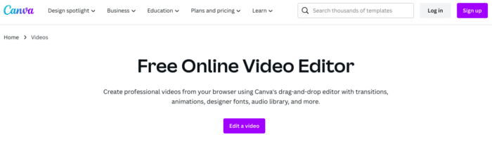 Schermata dell'editor di video online gratuito di Canva