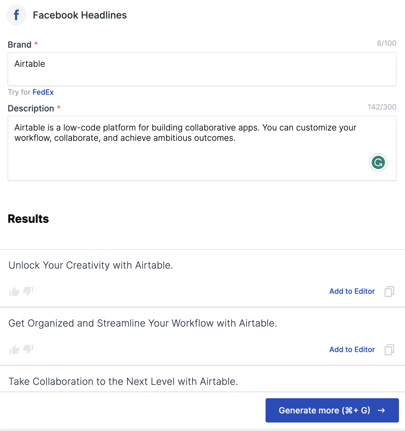 Scalenut Facebook ヘッドライン AI テンプレートのスクリーンショット