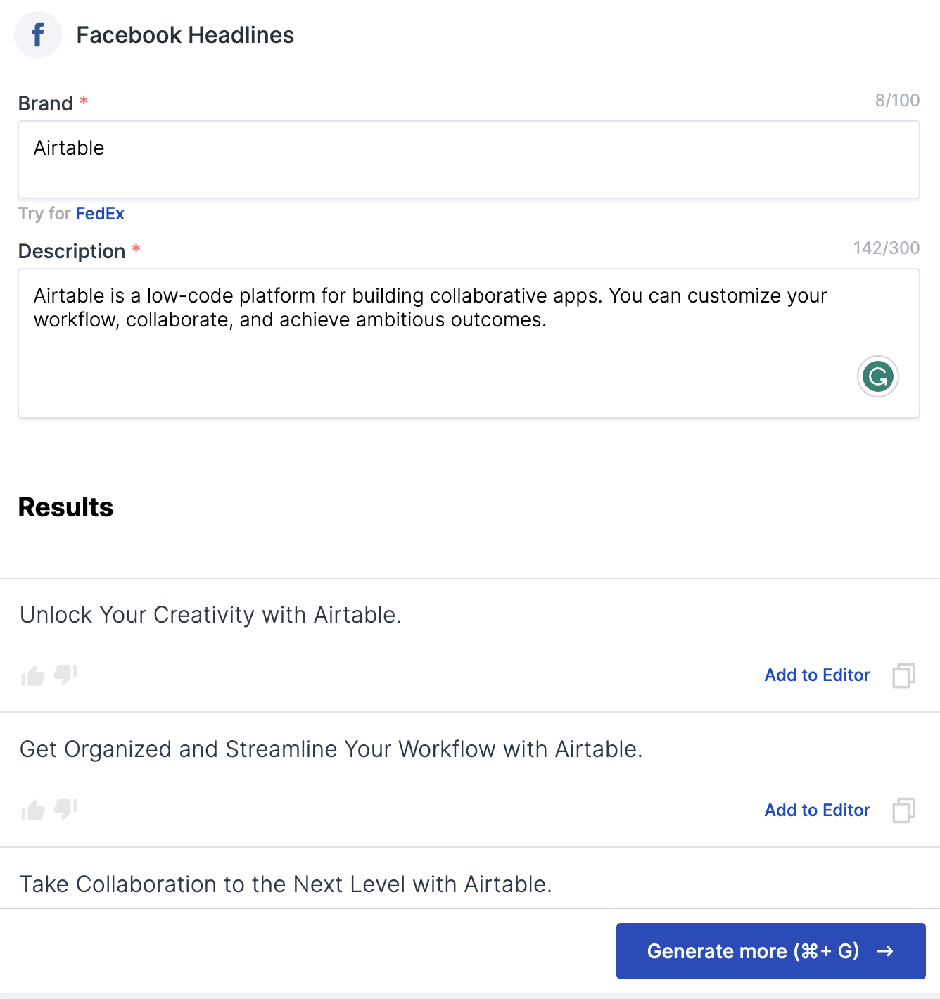 ภาพหน้าจอของเทมเพลต AI ของ Scalenut Facebook Headlines