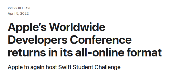 Screenshot der Pressemitteilung der Apple Worldwide Developers Conference