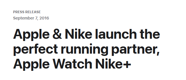 Captura de pantalla del comunicado de prensa de Apple Nike Partnership