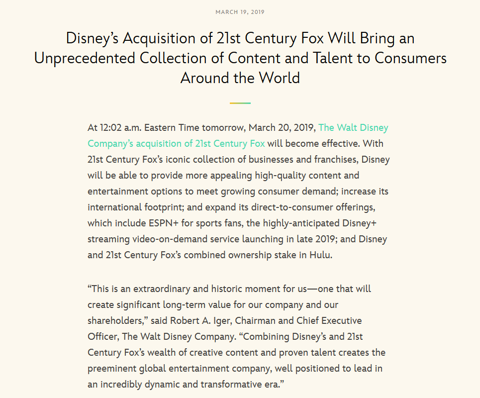 ディズニーが21世紀フォックスを買収するプレスリリースのスクリーンショット