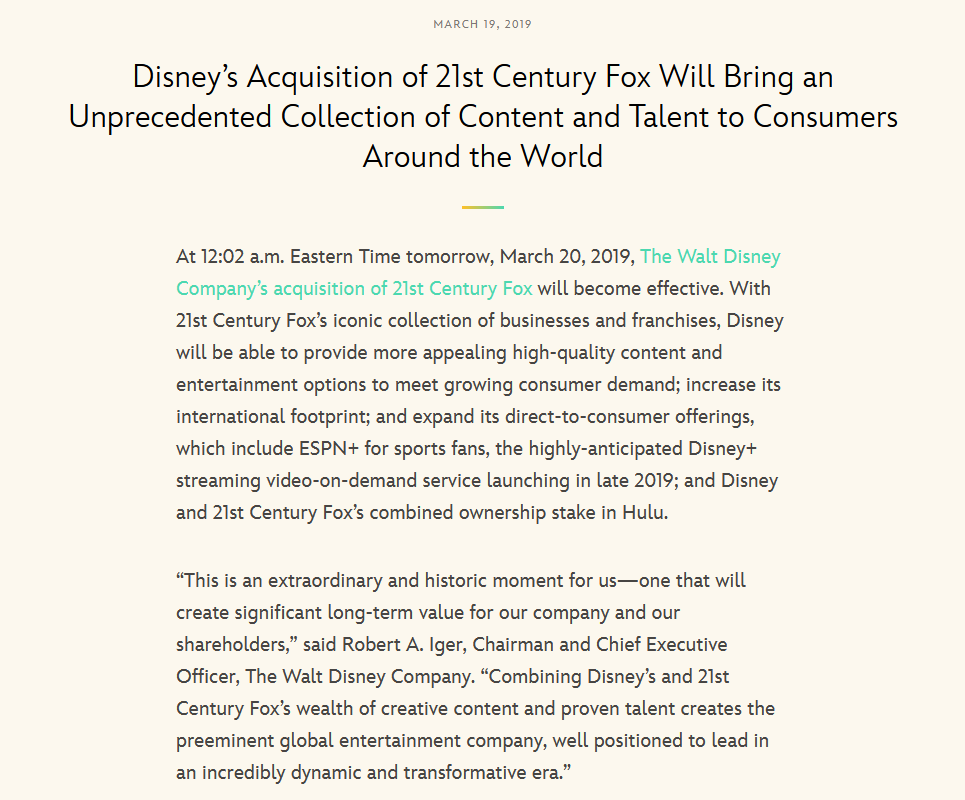 迪士尼收购 21 世纪福克斯新闻稿截图