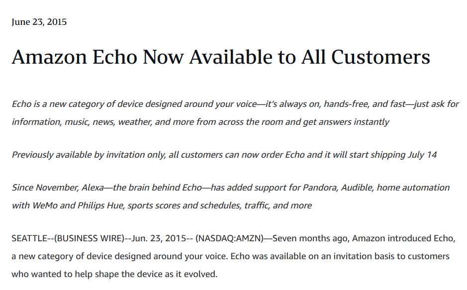 Zrzut ekranu komunikatu prasowego dotyczącego produktu Amazon Echo
