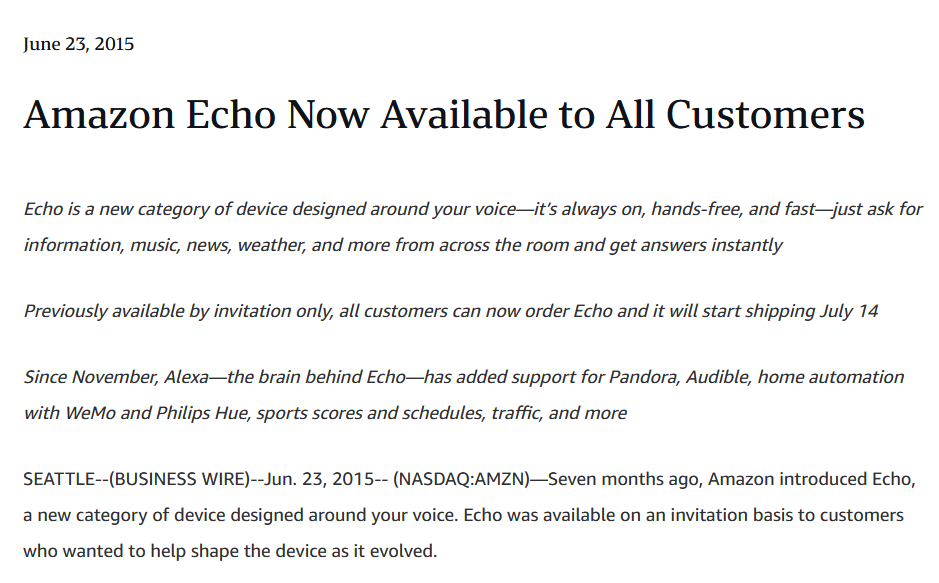 Captura de pantalla del comunicado de prensa del producto Amazon Echo