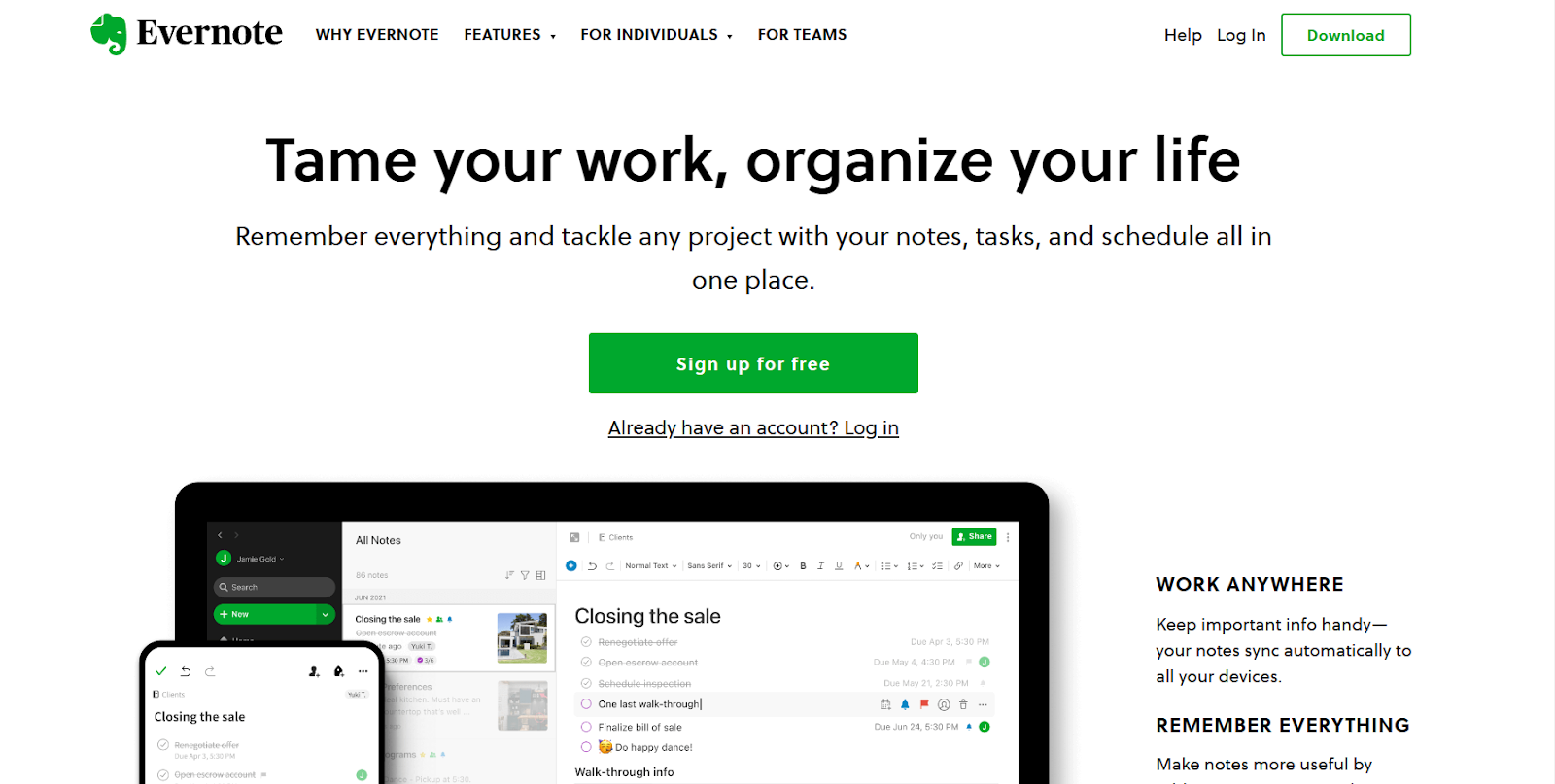 Captură de ecran a paginii de pornire Evernote