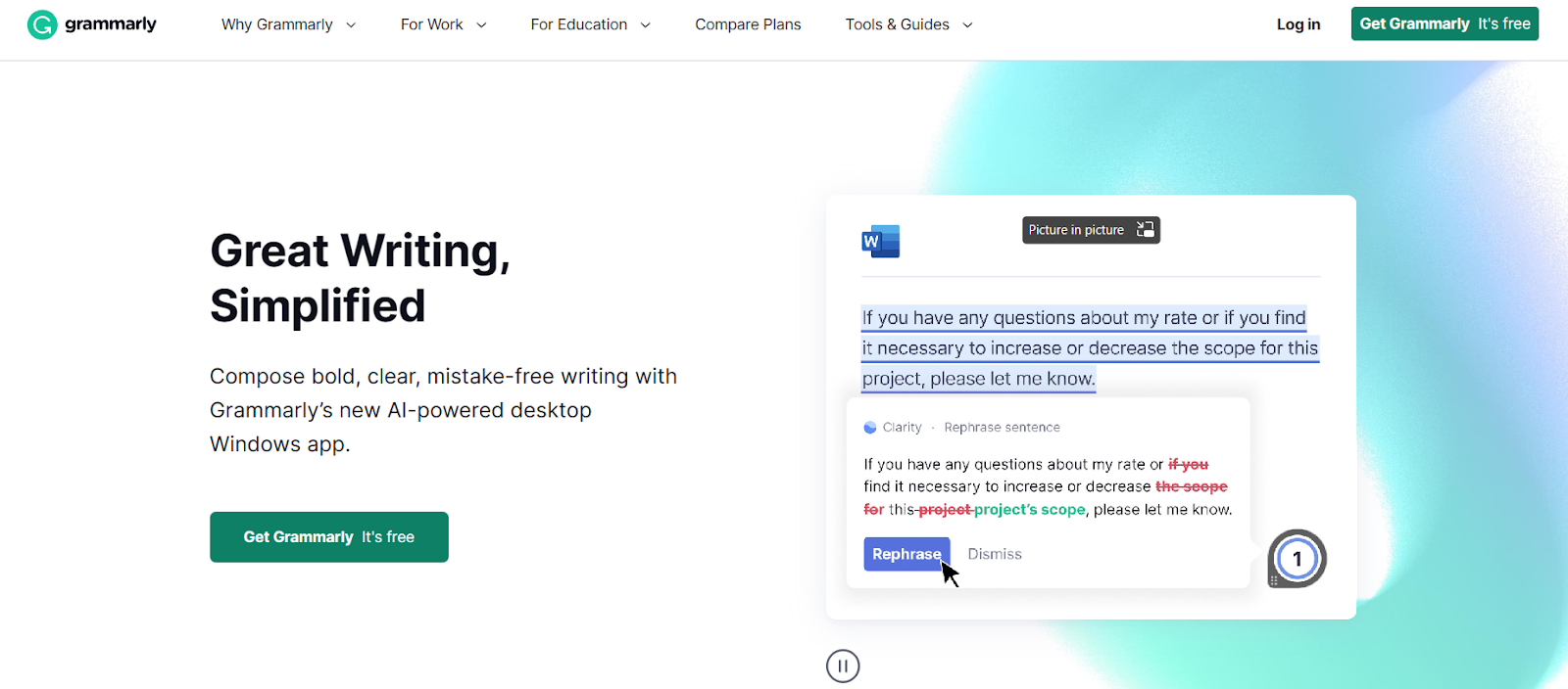 Captură de ecran a paginii de pornire Grammarly