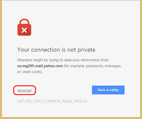 Una pagina web che mostra un lucchetto rosso e le parole "La tua connessione non è privata"