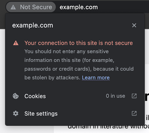 Un pop-up della barra di ricerca del browser che indica "la tua connessione a questo sito non è sicura"