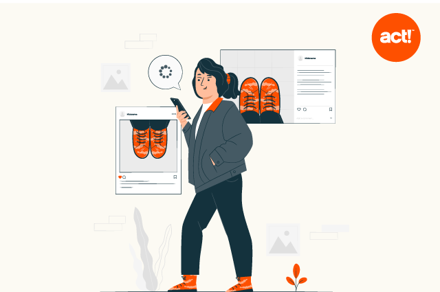 Illustration décorative qui montre une femme regardant des publicités sur les réseaux sociaux