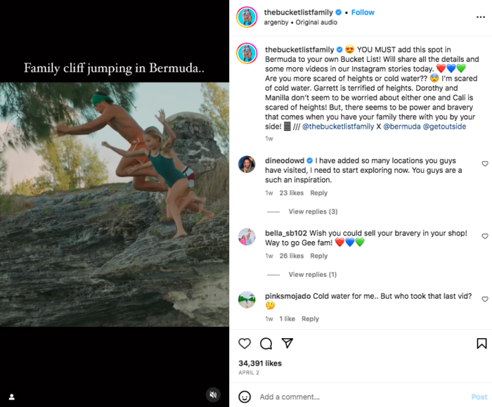 captura de tela da postagem do instagram do influenciador de viagens nas Bermudas
