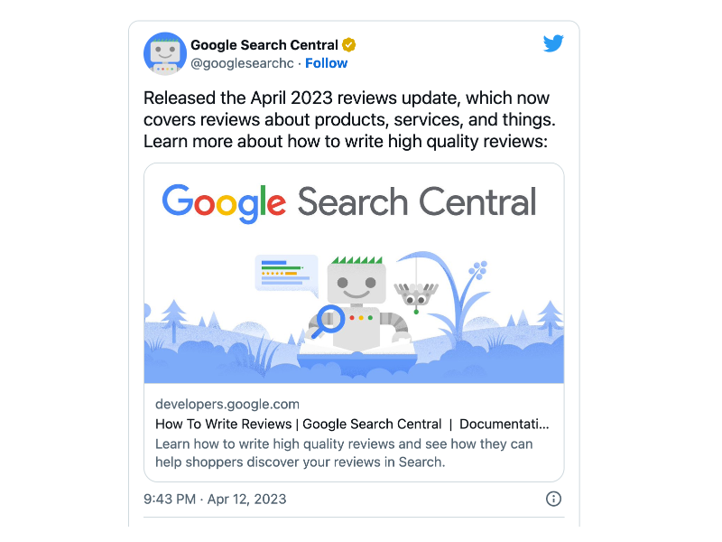 Capture d'écran de Google Search Central Tweet de mise à jour des avis du 23 avril