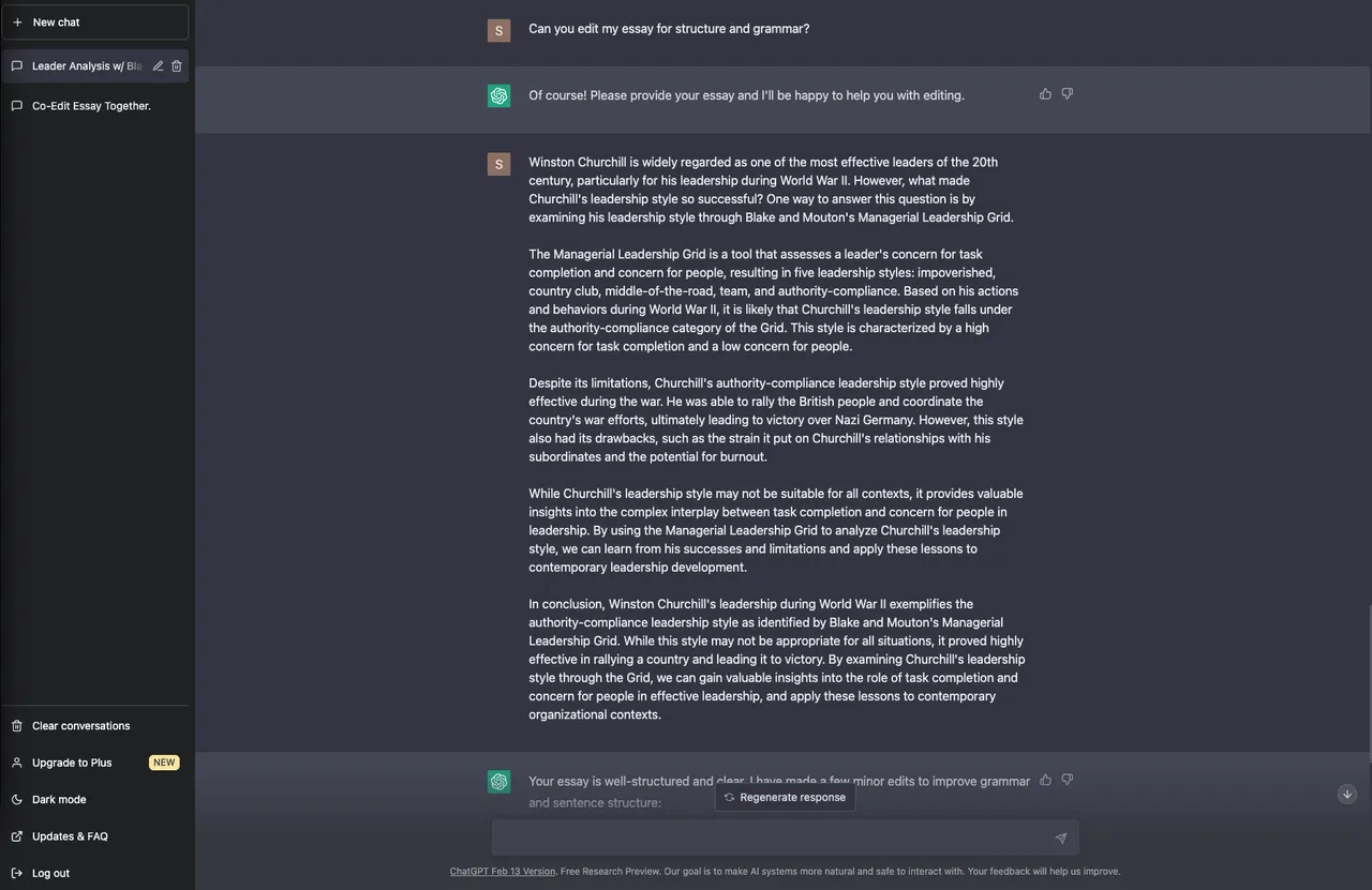 Zrzut ekranu przedstawiający monit ChatGPT o edycję eseju