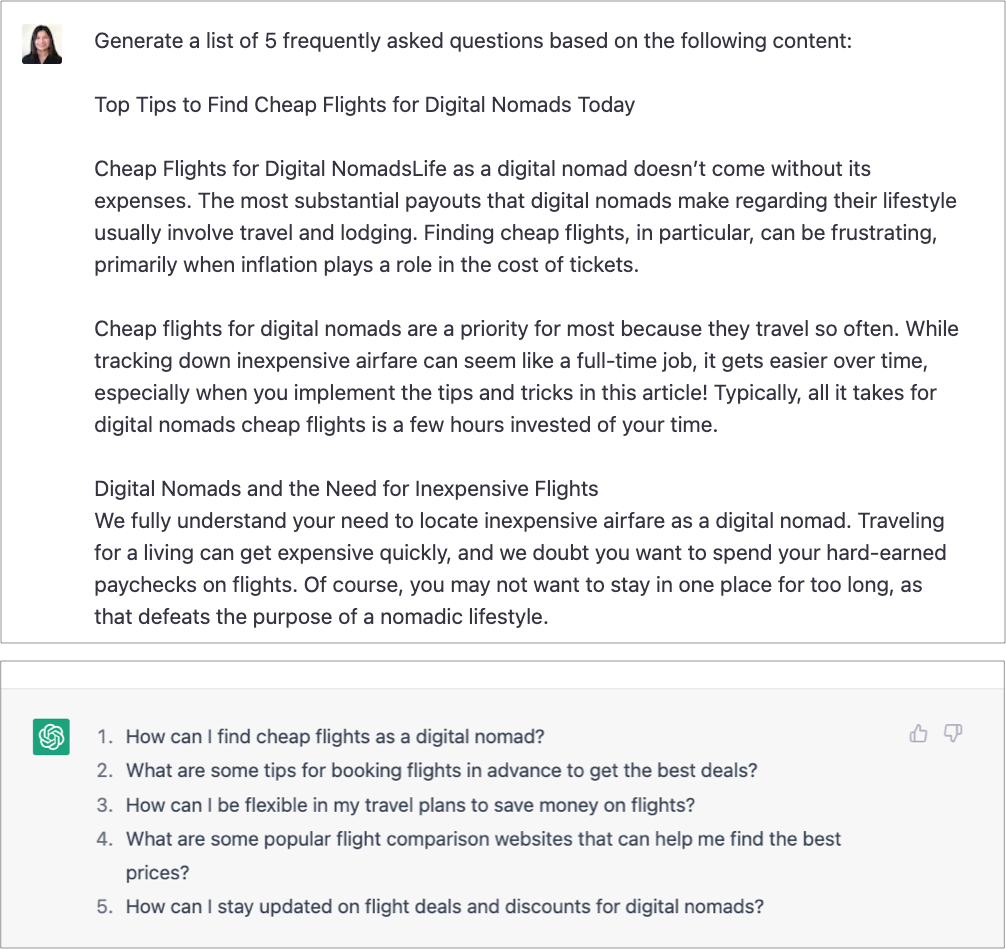 Captură de ecran a solicitării ChatGPT pentru generarea întrebărilor frecvente