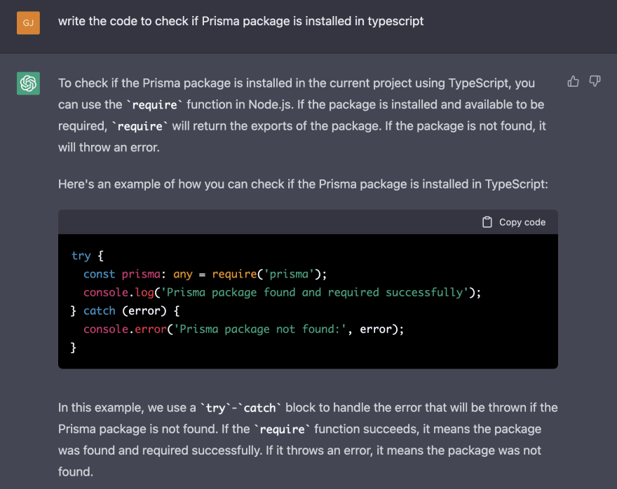Captura de tela do prompt do ChatGPT para o código do pacote prisma