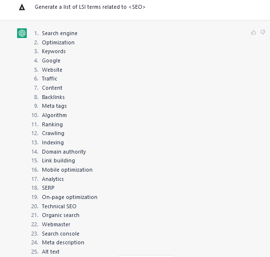 ChatGPT 提示输入 LSI 关键字的屏幕截图