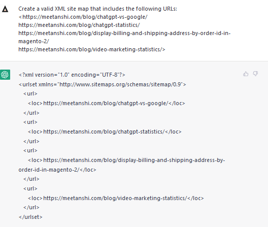 Zrzut ekranu monitu ChatGPT o prawidłową mapę witryny XML