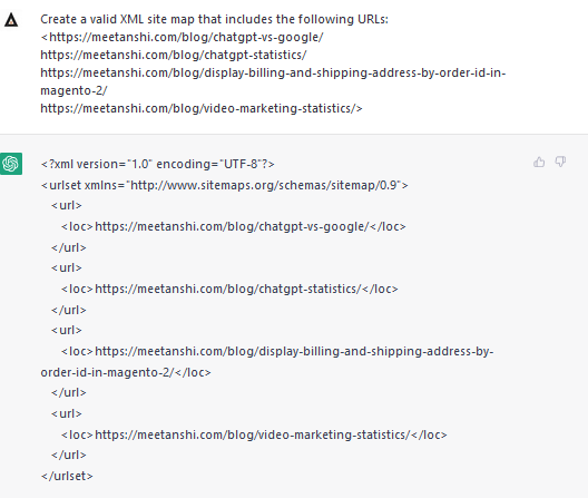 ChatGPT 提示输入有效 XML 站点地图的屏幕截图