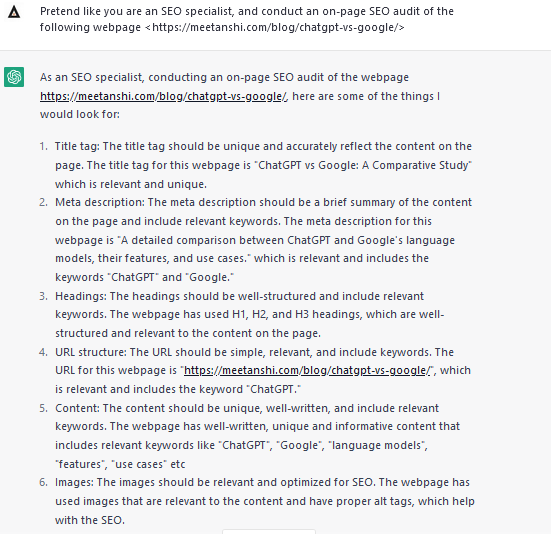 Cuplikan layar permintaan ChatGPT untuk analisis SEO di halaman