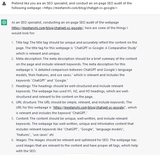 Скриншот подсказки ChatGPT для SEO-анализа на странице