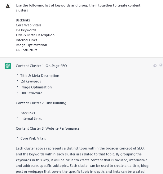Screenshot della richiesta di ChatGPT per i cluster di contenuti