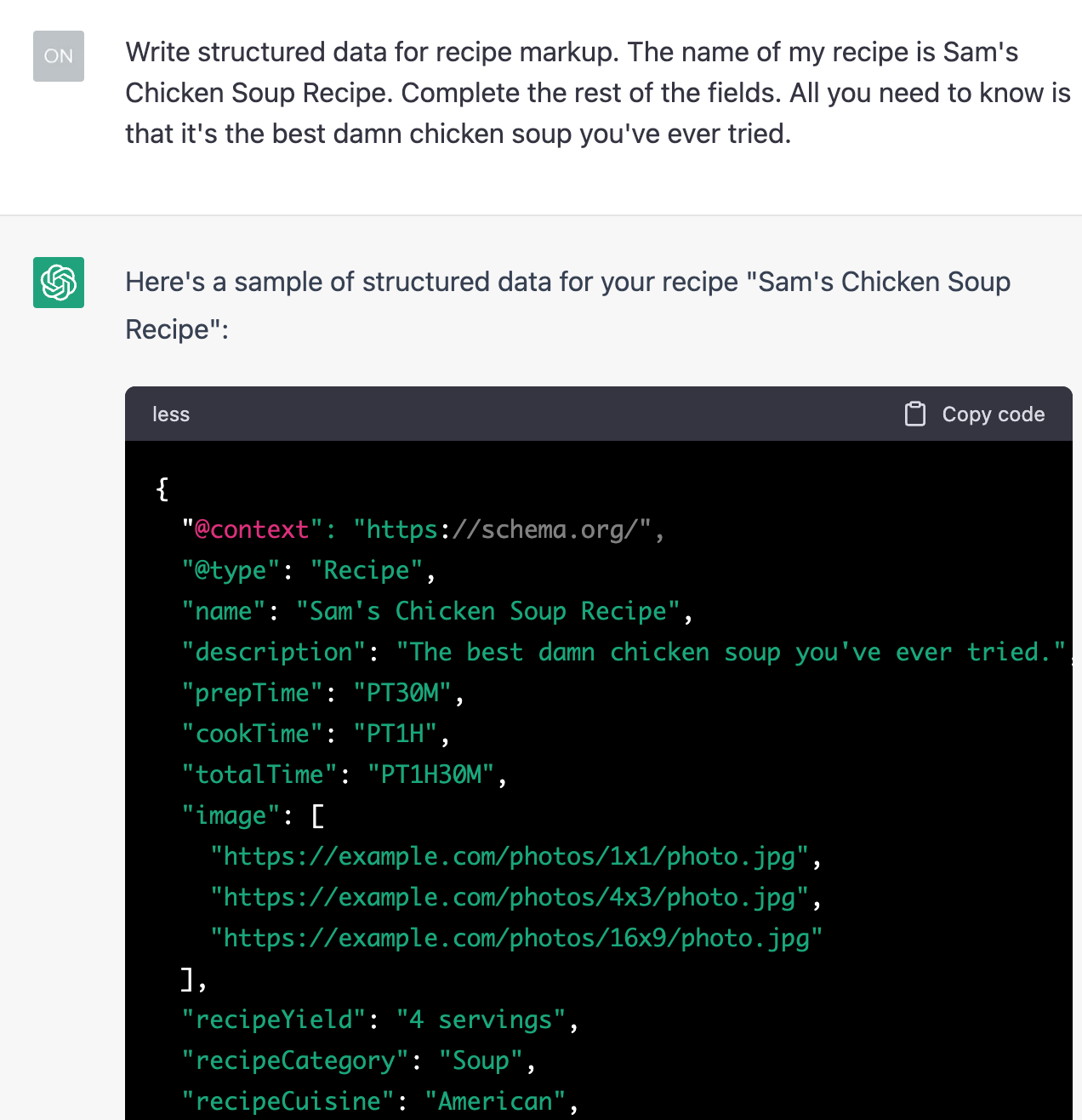 Captura de tela do prompt do ChatGPT para dados estruturados