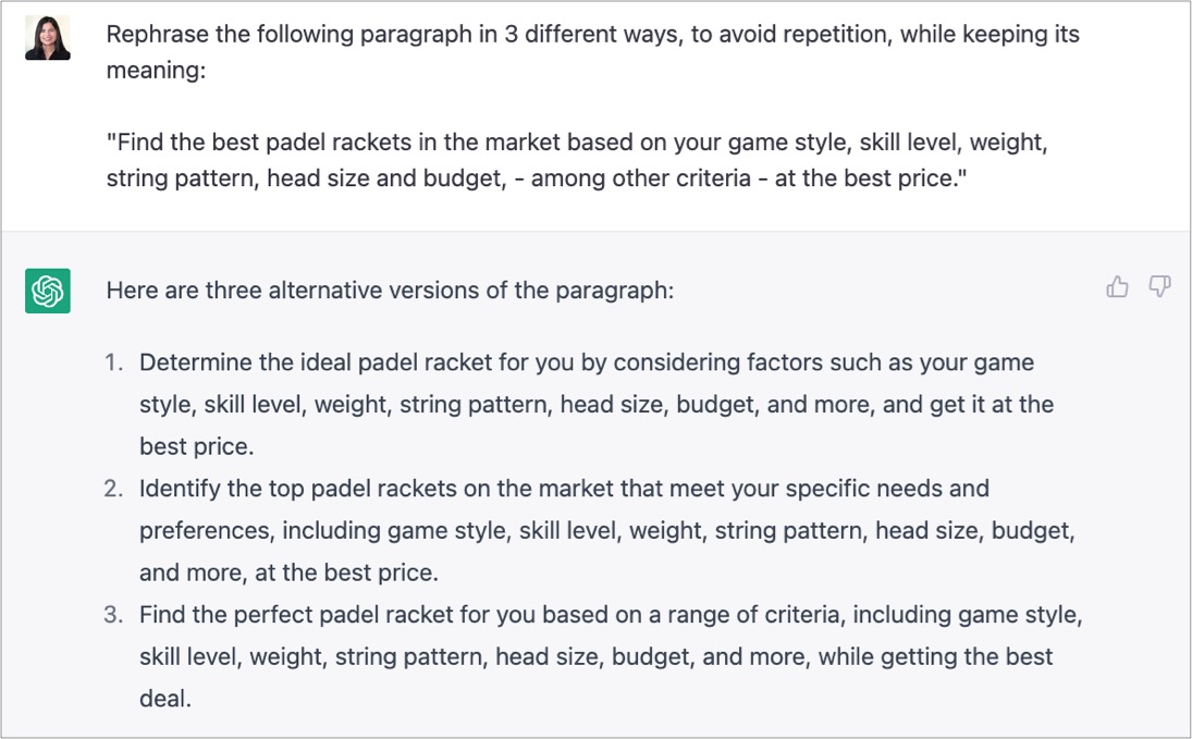 コンテンツを言い換えるための ChatGPT プロンプトのスクリーンショット