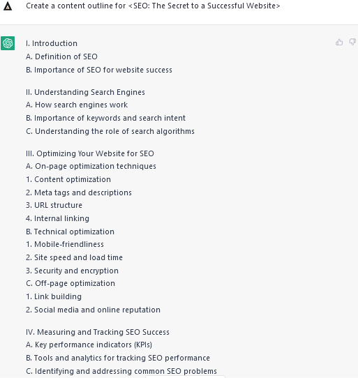 Скриншот подсказки ChatGPT для структуры поста в блоге