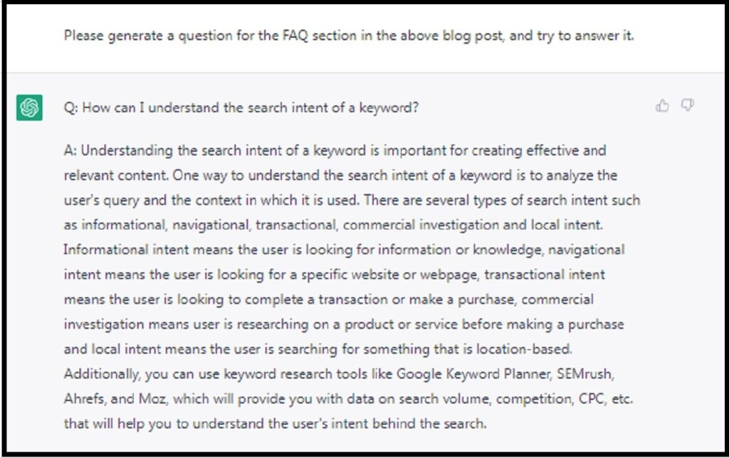 Screenshot der ChatGPT-Eingabeaufforderung zur FAQ-Generierung