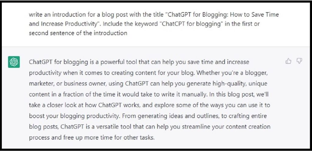 Captură de ecran a solicitării ChatGPT pentru introducerea blogului