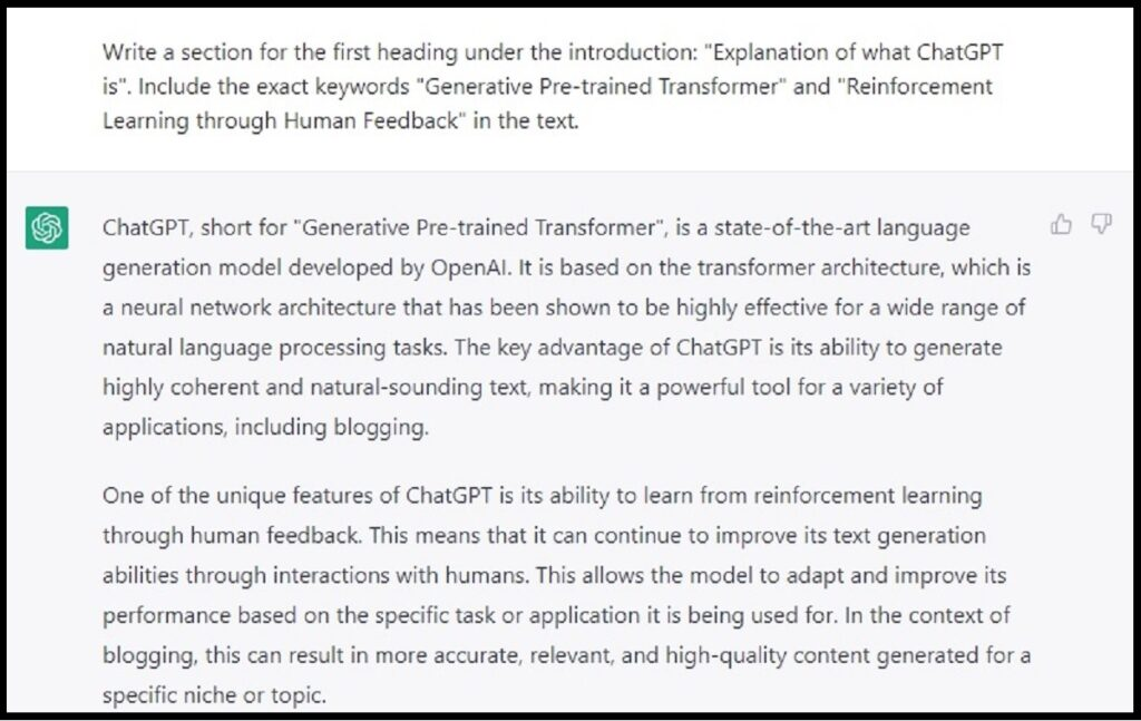 ブログ コンテンツの ChatGPT プロンプトのスクリーンショット