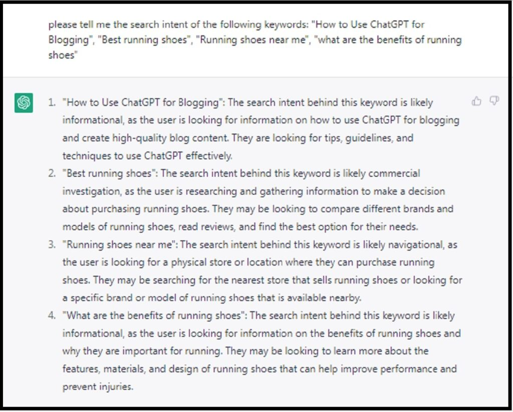Screenshot der ChatGPT-Eingabeaufforderung zur Angabe der Suchabsicht