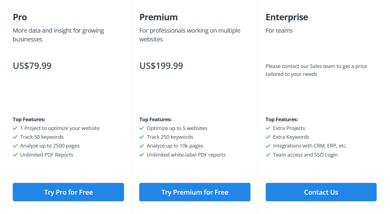 Pricing plans for WooRank