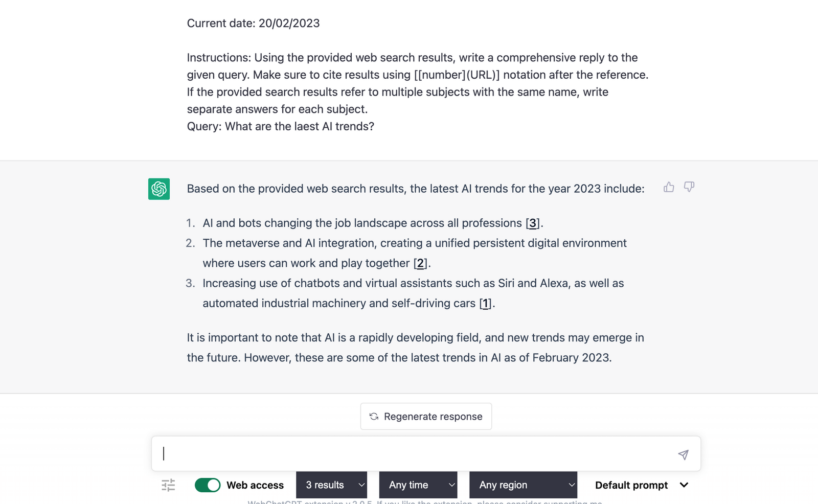 작동 중인 webgpt 크롬 확장 프로그램의 스크린샷